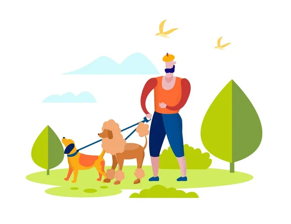 Hombre personaje caminando con perros equipo en parque . — Vector de stock