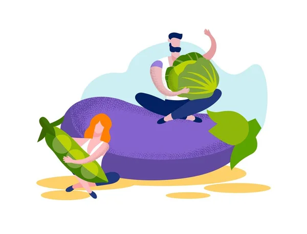 Jeune homme et femme assis à l'aubergine énorme . — Image vectorielle