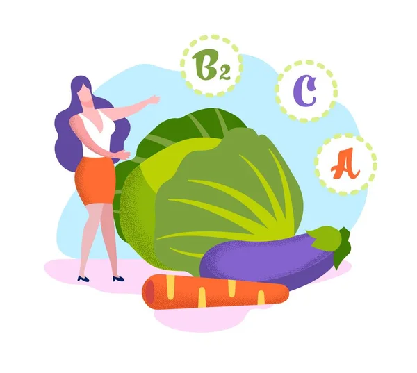 Frau steht an riesigen Gemüsevitaminen im Produkt — Stockvektor