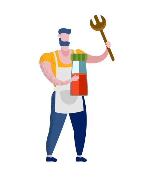 Hombre Carácter en Chef Delantal Sosteniendo Botella de Especias — Vector de stock