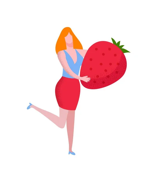 Νεαρή γυναίκα που κρατά τεράστια φράουλα απομονωμένη. — Διανυσματικό Αρχείο