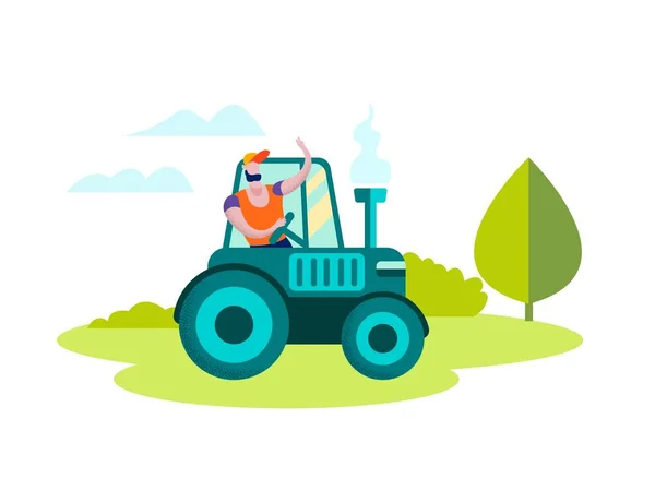 Férfi farmer vezetői traktor természetvédelmi tájkép — Stock Vector