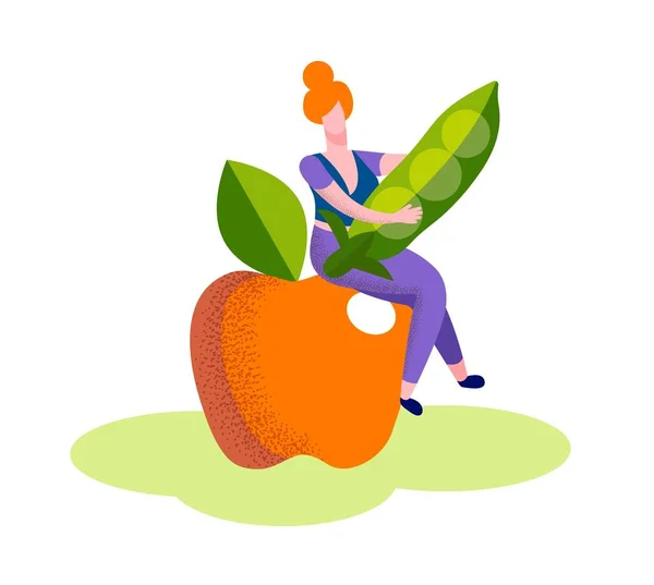 Donna sedersi su enorme maturo mela hold verde pisello — Vettoriale Stock