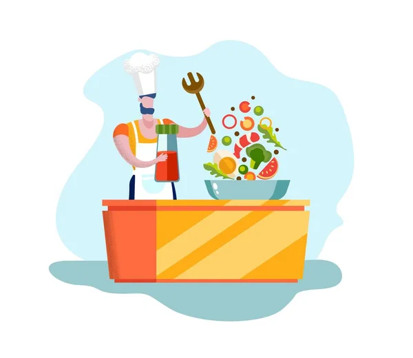 Man chef-kok karakter koken gezond biologisch voedsel — Stockvector