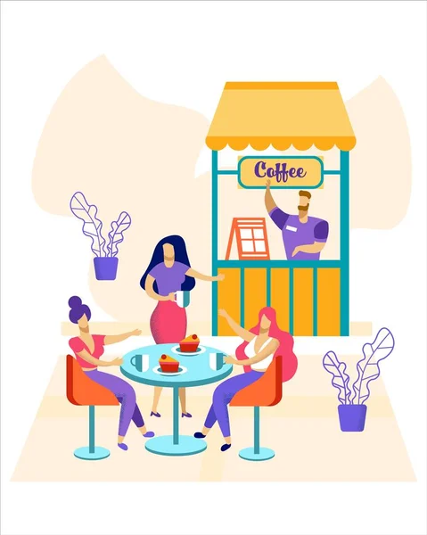 Personnes détendues assises à des tables au café extérieur — Image vectorielle