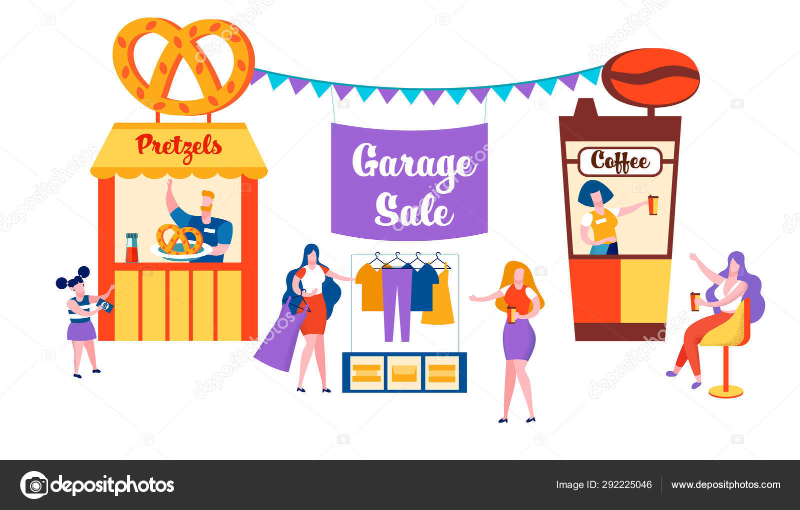 Happy Family Sell Old Things On Garage Sale Event Stock Vector