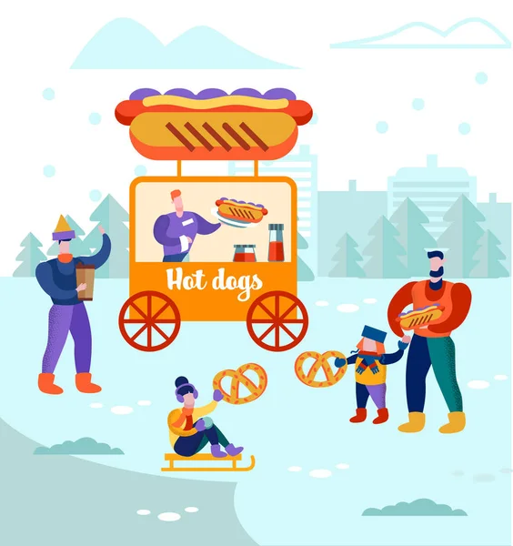 Des hommes avec des enfants marchent près des hot-dogs à Stall, Kiosque — Image vectorielle