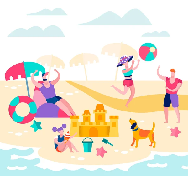 Férias de Verão, Feliz Família Relaxe na Praia —  Vetores de Stock
