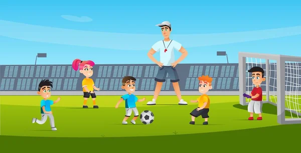 Sport voor kinderen Voetbalopleiding cartoon plat. — Stockvector