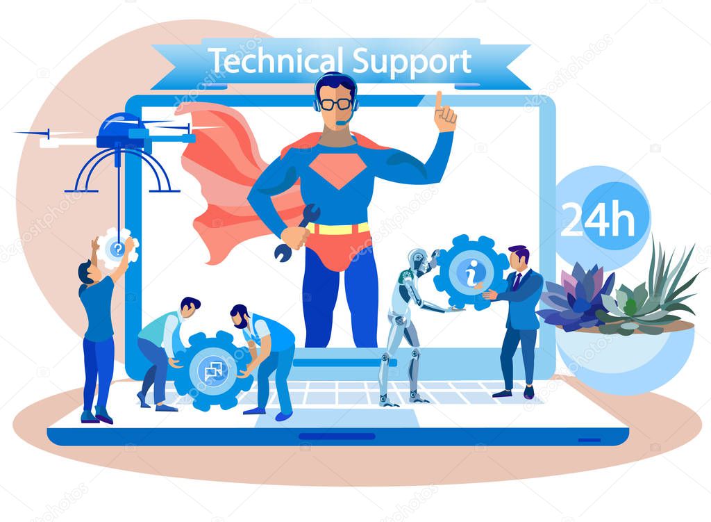 Technical Support 24 Hours Day, Cartoon Flat.