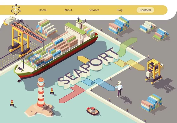 Ipari tengeri kikötő folyamatábra izometrikus banner — Stock Vector