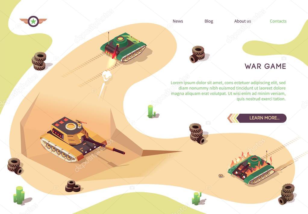 Action War Game Isometric Banner with Tank Battle