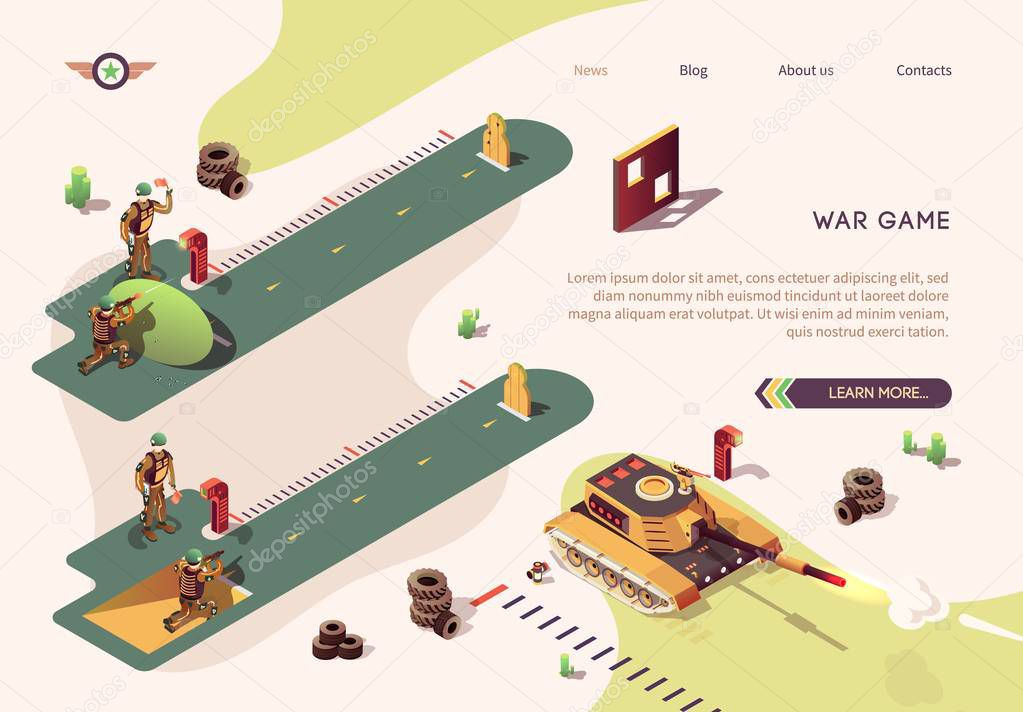 Shooting Competition in War Game Isometric Text Banner. Vector Shooter Action Illustration with Firing Butts. Soldier SWAT, Officer, Sniper from Special Operation Unit. Tank Firing Operation