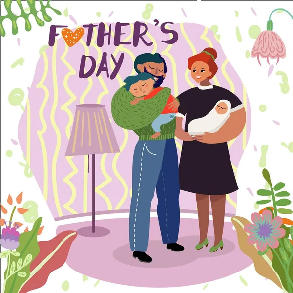 Happy Fathers Day wenskaart, ouders en kinderen — Stockvector