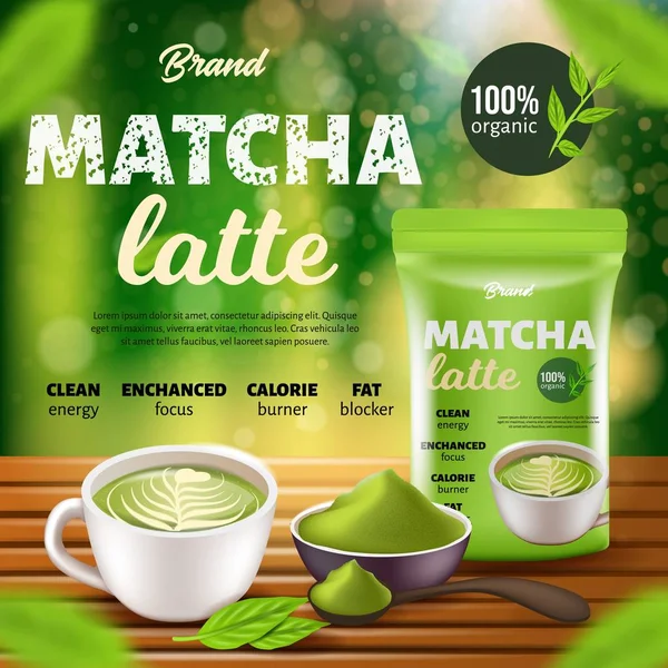 Matcha latte kávé promo banner, doy Pack, kupa — Stock Vector