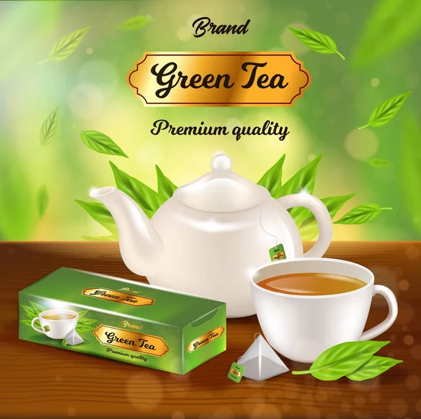 Zöld tea promo banner, fehér porcelán pot, Pack — Stock Vector