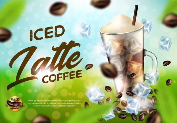 Iced Arabica café Latte anuncio promocional bandera, bebida — Vector de stock