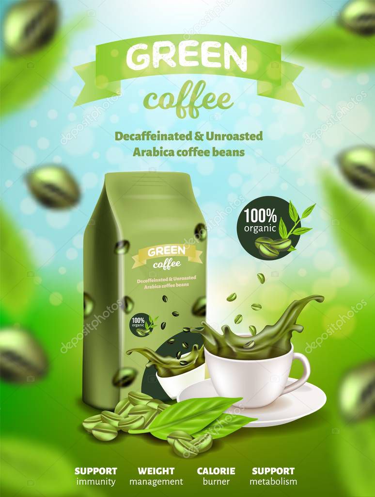 Green Arabica Coffee Banner, Decaffeinated, Unroasted Beans in Paper Sachet Pouch Bag with Clip, Cup with Drink Splash, on Blurred Background, Beverage Product Mock Up 3d Vector Realistic Illustration