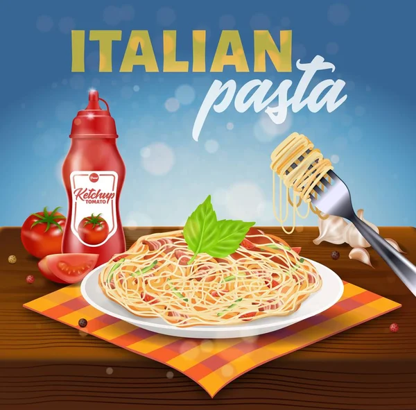 İtalyan Makarna Kare Afiş. Spagetti ile Tabak — Stok Vektör