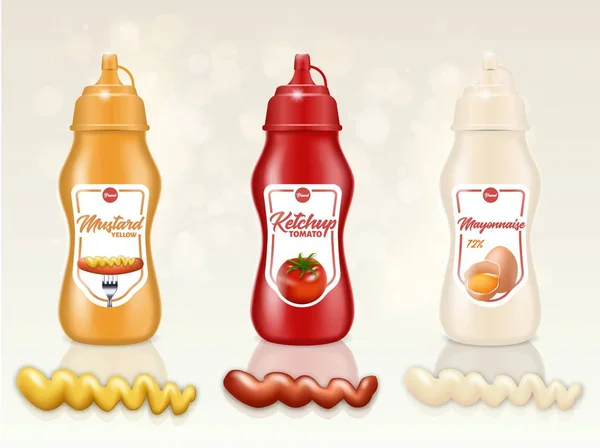 Mustard, Tomato Ketchup, Mayonnaise Bottles Set — Stock Vector