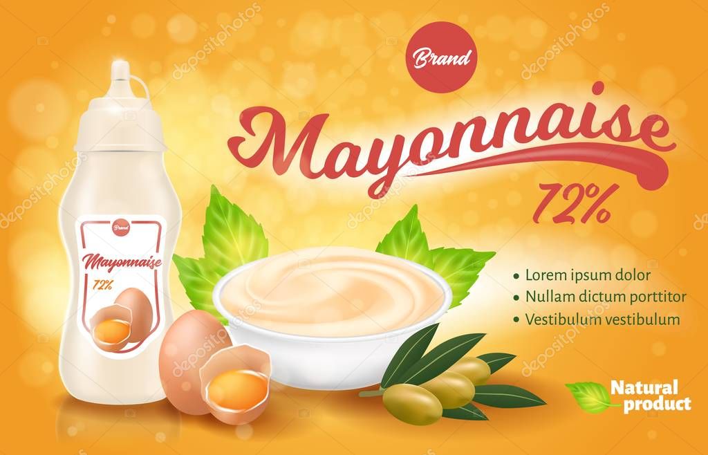 Mayonnaise Bottle and Plate with Product, Fresh Eggs, Olives, Natural Ingredients, Brand Template, Mayo Emblem for Groceries, Stores, Packaging and Advertising Banner, 3D Vector Realistic Illustration