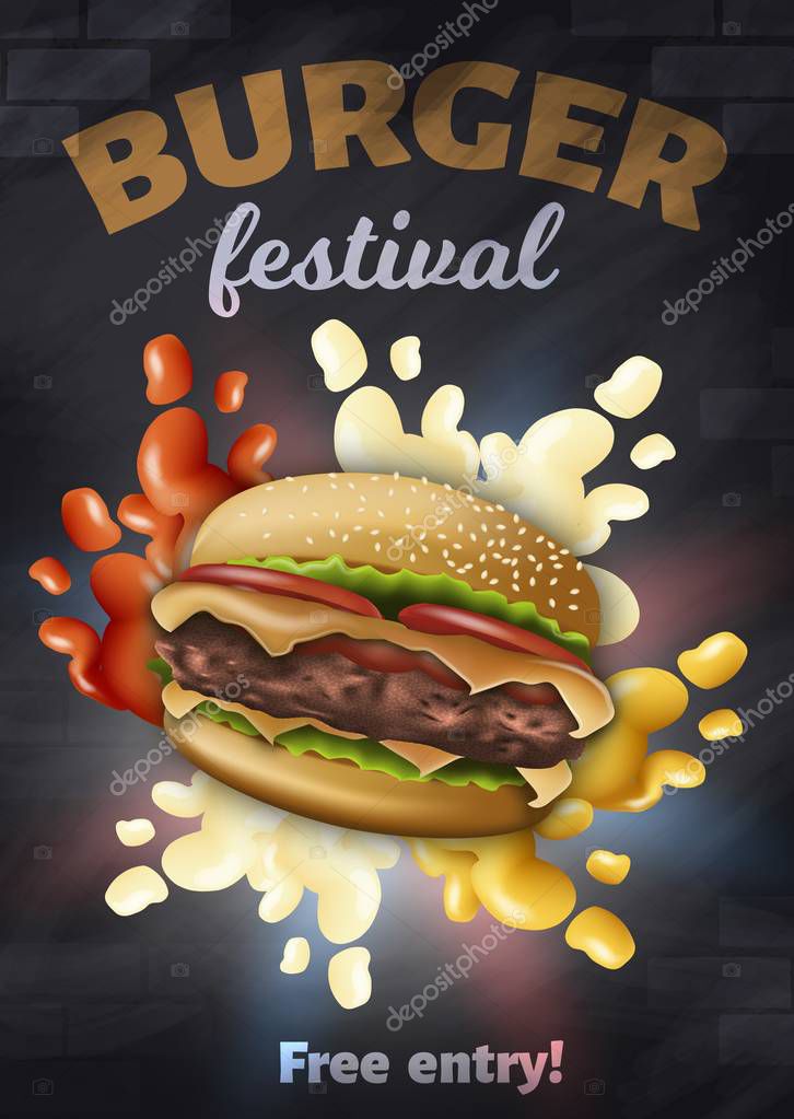 Burger Festival Vertical Banner with Tasty Hamburger with Cheese, Meat and Ketchup, Mayonnaise, Mustard Splashes around, Fast Food Event Poster, Placard, Advertising, 3D Vector Realistic Illustration