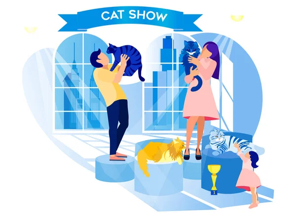 Виставка "Кішки". Чоловік і жінка тримають тварину в руці — стоковий вектор