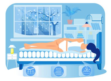 Woman Lying on Side on Orthopedic Mattress. Vector vector Woman Lying on Side on Orthopedic Mattress. Vector vector