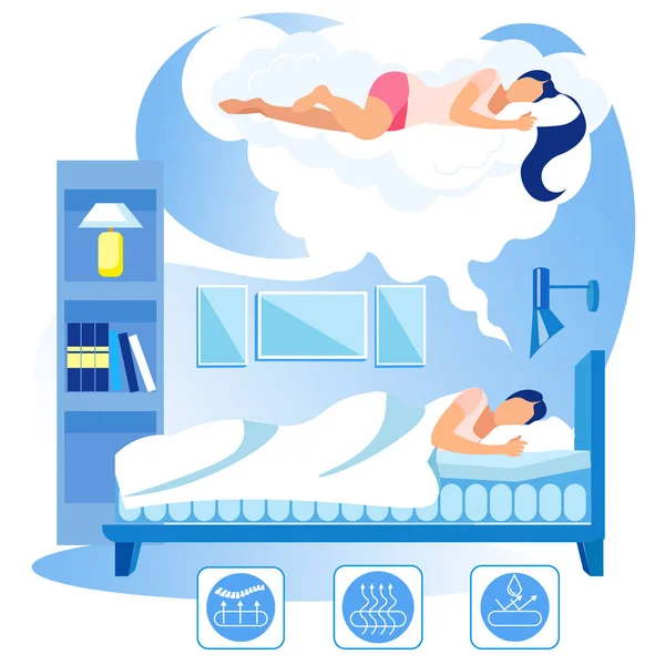 Femme dort sur matelas orthopédique confortable . — Image vectorielle