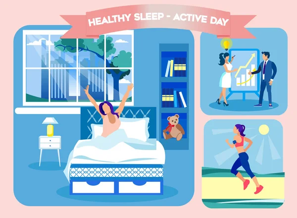 Healty Sleep Active Day. Svegliato comodo letto . — Vettoriale Stock