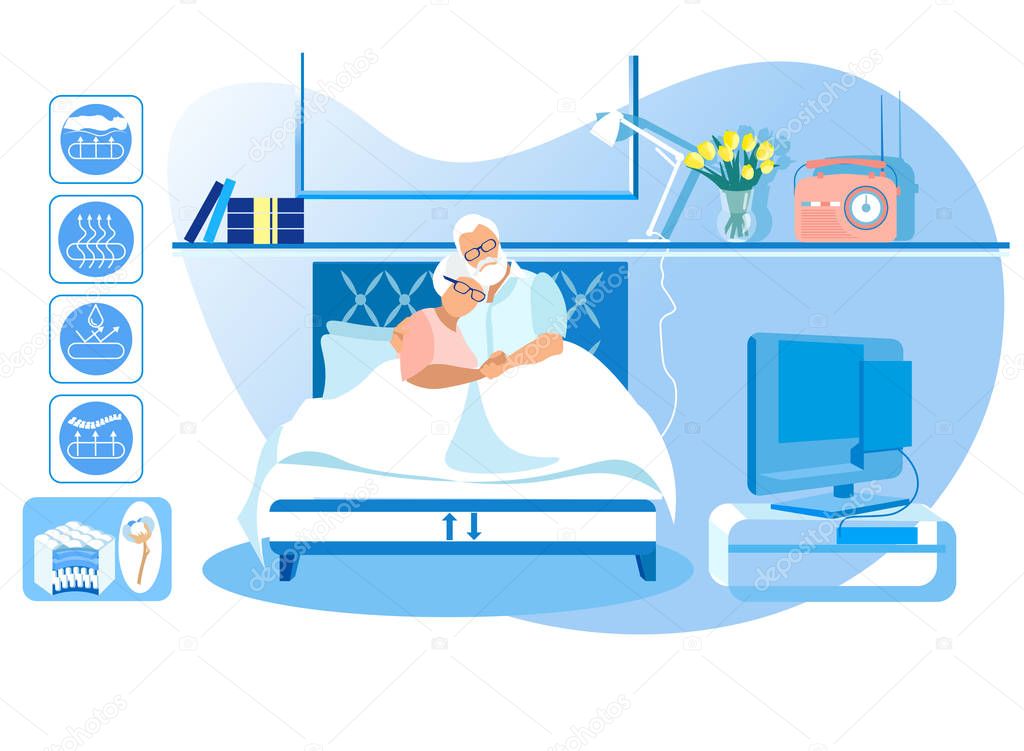 Mature Man and Woman Lie in Bed at Home. Vector.