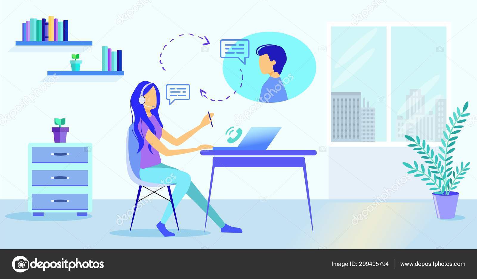Cartoon Girl Headset Microphone Help Man Customer Stock Vector