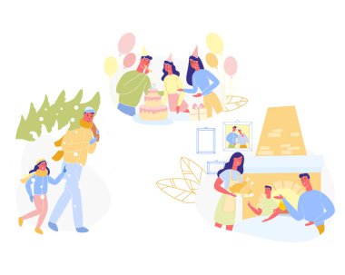 Set Afiş Yıllık Aile Tatilleri Karikatür Düz.