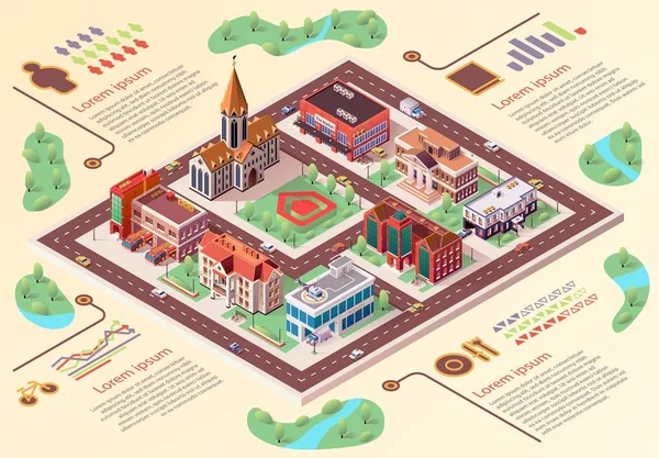 Banner plano gran ciudad diseño infografías dibujos animados . — Vector de stock