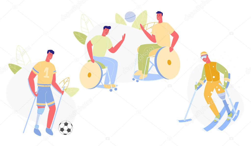 Male People with Disabilities Doing Sport Flat.