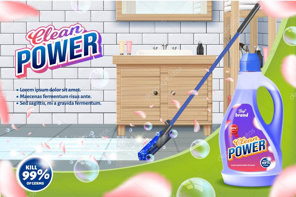 Bottle Clean Power. Mop Washes Bathroom Floor. Detergent for Home. Cleaning Service. Vector Illustration. Cleaning Realistic. Shining Surface. Household Chemical. Modern Cleaning Product. Aroma Purity