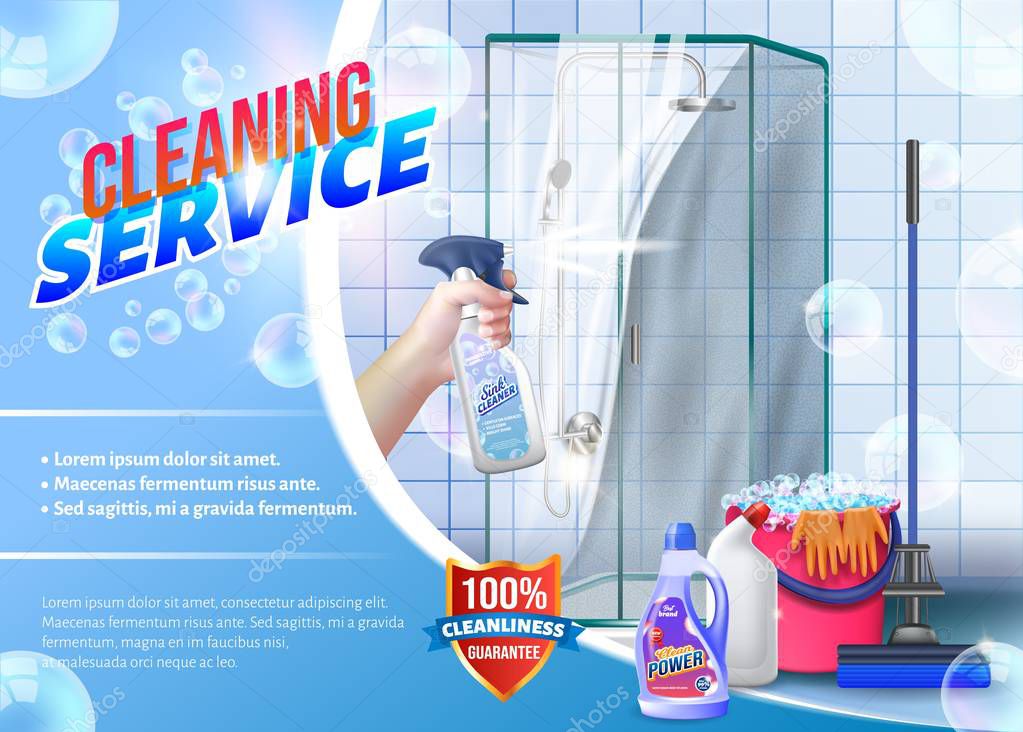 Hand with Spray Glass in Hand on Background Shower. Detergent for Home. Cleaning Service. Cleaning Apartment. Clean House. Set Cleaning Tools. Vector Illustration. Cleaning Realistic. Shining Surface.