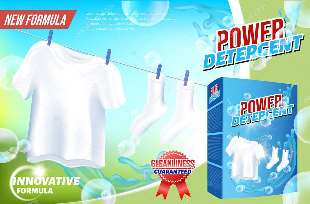 White Clothes Hanging on Rope. Power Detergent.