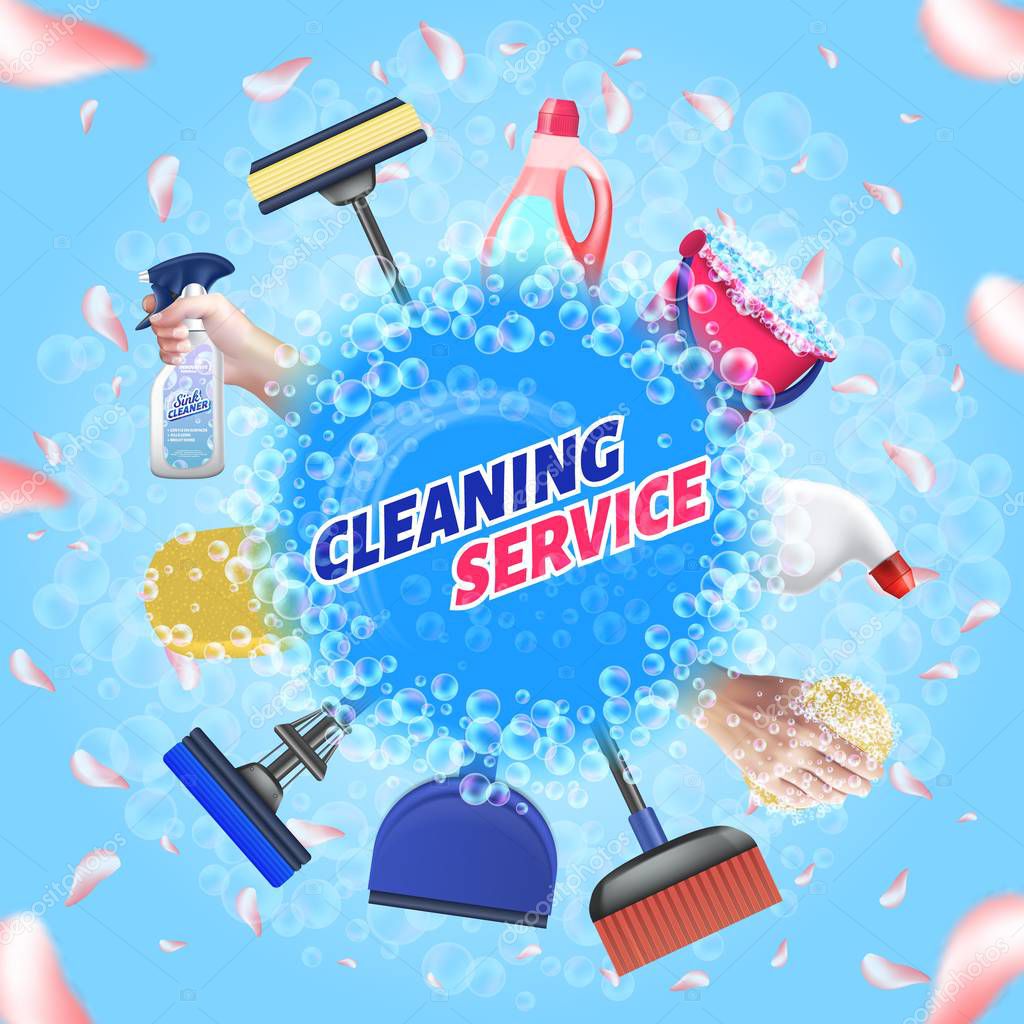 Detergent for Home. Logo Cleaning Service. Means for Cleaning Apartment. Bast in Hand. Clean House. Set Cleaning Tools. Vector Illustration. Cleaning Realistic. Household Chemicals. Foam and Petals.