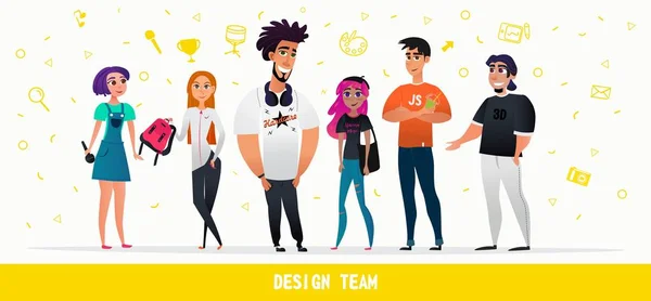 Personajes del equipo de diseño de personajes de dibujos animados Estilo plano — Vector de stock