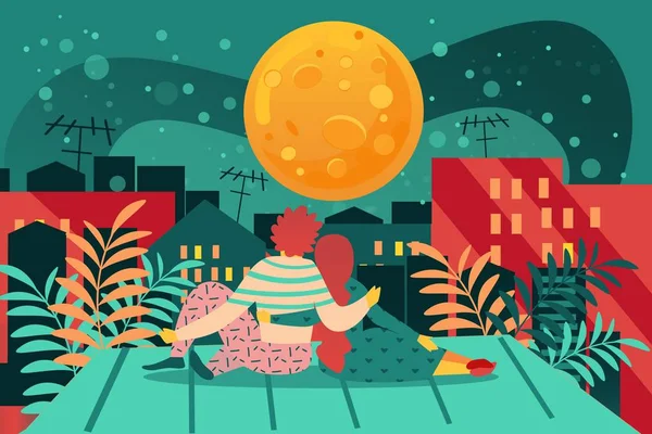 Pareja de dibujos animados sentarse edificio techo romántico noche — Vector de stock