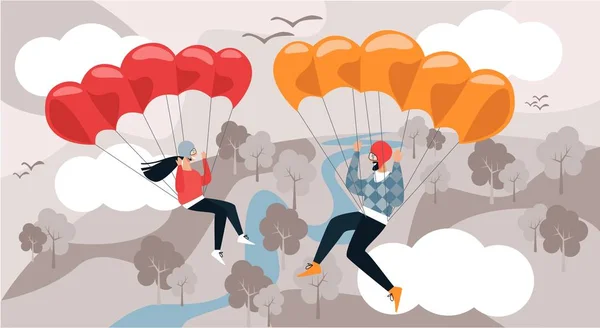 Man and Woman Fly Down with Parachute. Vector. — Stock Vector