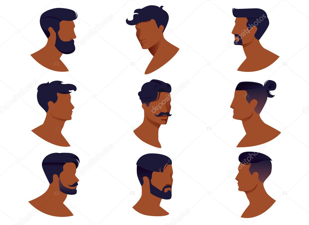 Set of Men Hairstyles with Beards and Mustache