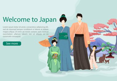 Japanese with Girl and Boy on Background Sakura. clipart