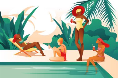 Pool Drink Coctail Güneşlenme yakınındaki Karikatür Kadınlar