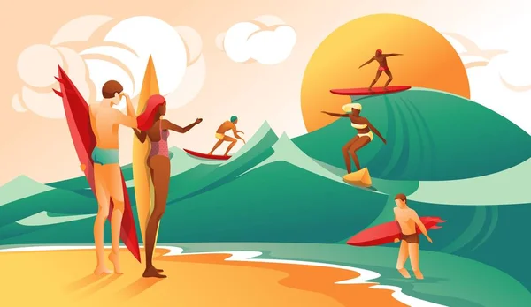 Cartoon vrouw man met surfboard mensen Surf Wave — Stockvector