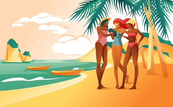 Mujeres de dibujos animados en traje de baño en la playa tropical de arena — Vector de stock