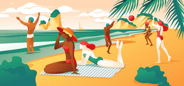 Summer Day Beach cartoon mensen spelen volleybal — Stockvector