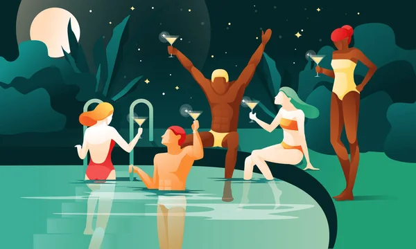 Fiesta Nocturna en la Piscina Dibujos Animados Beber Cócteles — Vector de stock