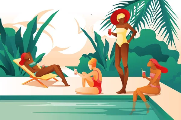 Desenhos animados mulheres perto de piscina beber coquetel banhos de sol — Vetor de Stock